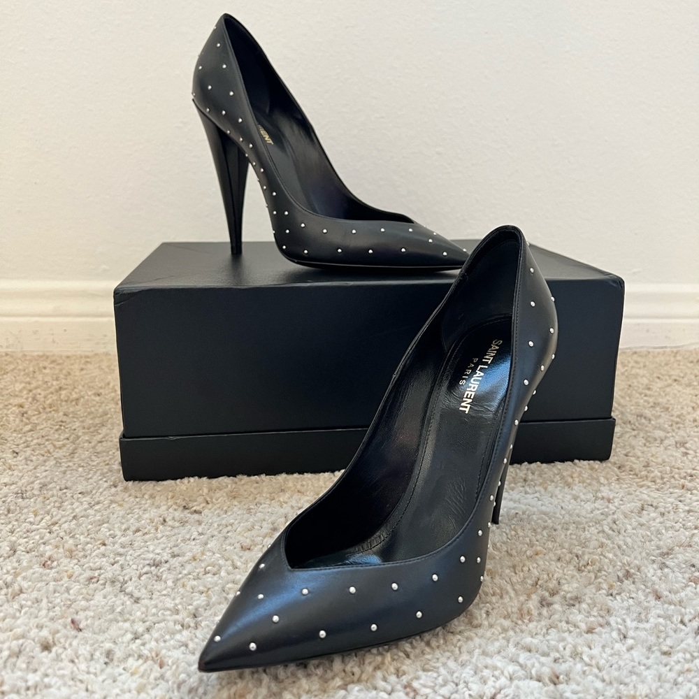 Saint Laurent Era Black Studded Pumps Pointed Toe Nappa Leather